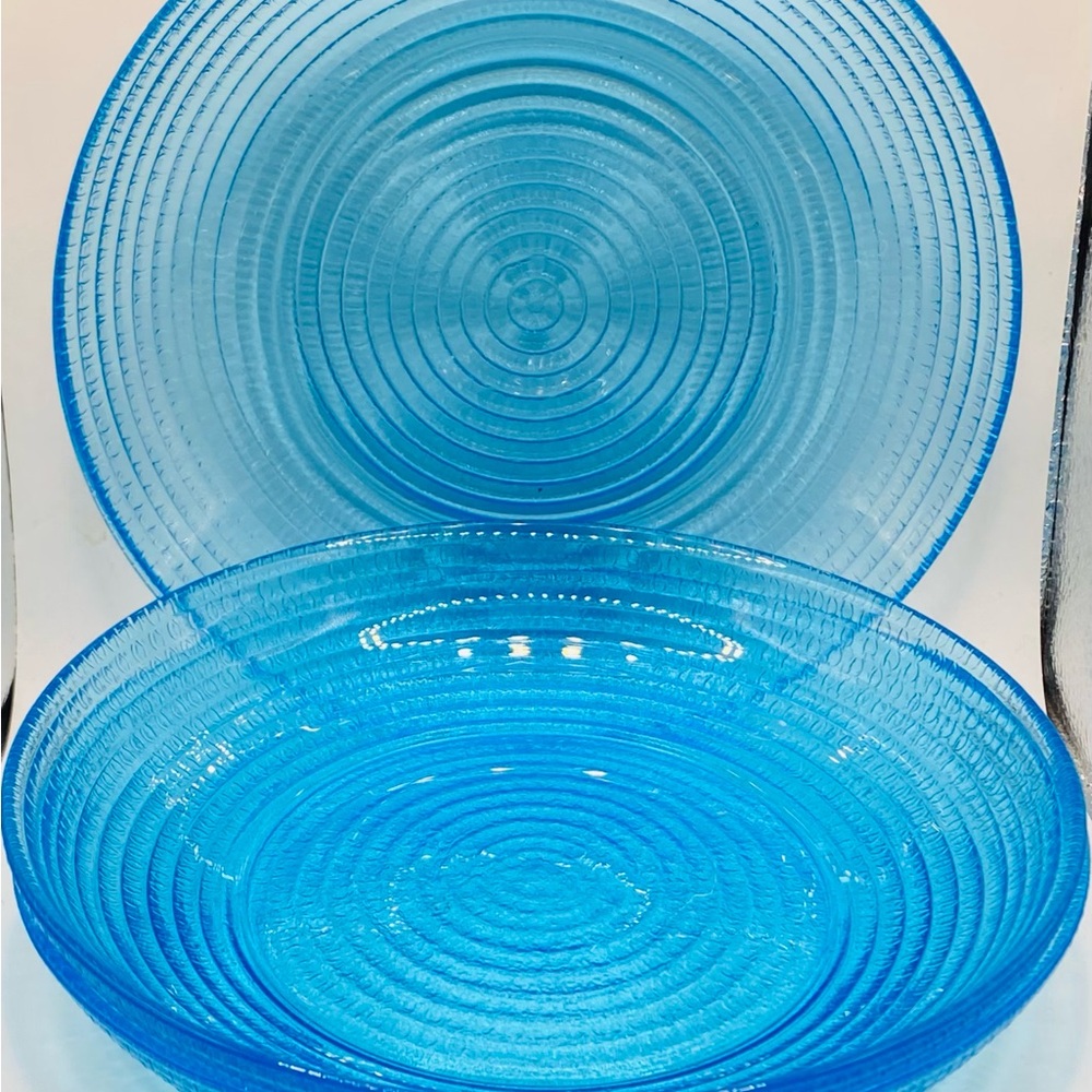 Deep Sky Blue Clear Textured Ripple Glass Shallow Bowls Set Of 3